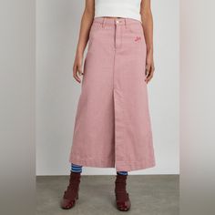 Size Uk 6/ Us 2/ Eu 34 Color: Pink Stripe Midi Denim Skirt, Mid To High Waist Full Length 35 Inches Damson Madder, Midi Denim Skirt, Midi Denim, Denim Midi Skirt, Women Skirts Midi, Pink Stripes, Denim Skirt, Midi Skirt, Full Length