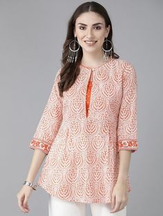 HAND CRAFTED TUNIC DESCRIPTION *Women Orange & White Ethnic Printed Sequinned Pure Cotton Kurti Printed Short Kurti / Indian Tunic / Summer-Spring Evening Dress Boho Tunic / Hippie Dress / Tribal Print Top * Orange and white straight kurti * Ethnic motifs printed * Round neck, three-quarter, regular sleeves * Sequinned detail * Pure cotton *Fabric:- 100% Cotton  *Wash Care:- Gentle Machine Wash AVAILABLE IN 7 SIZES THEY ARE IN FOLLOWING MEASUREMENTS IN INCHES:- XXS:- Bust-32/Waist-24/Length-30 X White Casual Festive Top, White Casual Tops For Festive Occasions, White Casual Top For Festive Season, Casual White Top For Festive Season, Multicolor Cotton Straight Kurta Top, White Cotton Tops With Printed Motifs, White Cotton Top With Printed Motifs, Festive White Straight Kurta Top, Bohemian Half Sleeve Printed Top