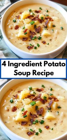 two bowls of potato soup with bacon and cheese on top, the same bowl has potatoes in it