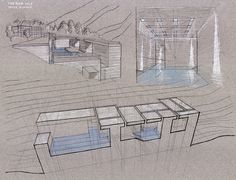 this is a drawing of a room with tables and benches in the middle of it