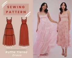 a woman wearing a pink dress with ruffles on the bottom, and an image of