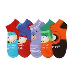 five pairs of socks with cartoon characters on them