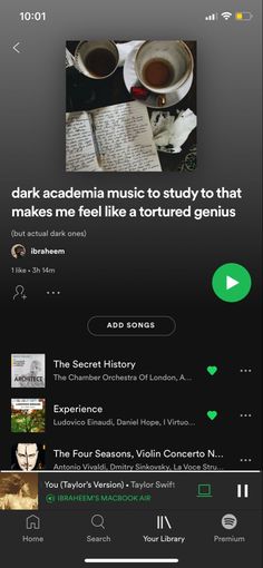 an iphone screen with the text dark academy music to study that makes me feel like a torted genius