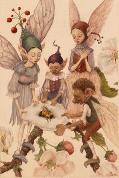 four children dressed in fairy costumes and holding flowers