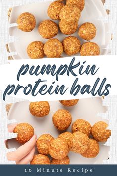 pumpkin protein balls on a plate with text overlay