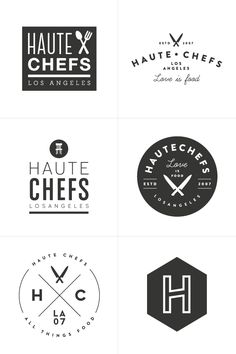 six different logos for various types of food and drink items, all in black and white