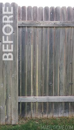 a wooden bench sitting in front of a fence with the word before written on it