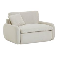 a white chair with two pillows on it's back and one arm facing the camera