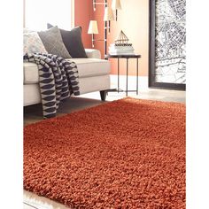 a living room with an orange rug and white couch