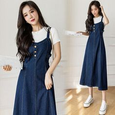 Trendy Fashion Casual Women Denim Long Suspender Skirts Loose A-Line Strap Dress Fashion Summer, Fashion Women's Dresses New Party Dress, Look Plus Size, Spring Maxi Dress, Denim Patterns, Lined Jeans, Suspender Skirt, Solid Color Dress, Long Jeans, Suspender Dress