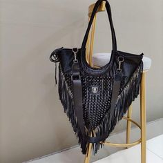 Brand Name: NoEnName_NullOrigin: CN(Origin)Lining Material: PolyesterMain Material: PUPlace Of Origin: GUANG DONG ProvinceShape: BucketOccasion: VersatileClosure Type: zipperDecoration: RivetGender: WOMEN Tas Bahu, Dark Metal, Trendy Handbags, Tassel Bag, Estilo Punk, Style Punk, Triangle Shape, Tote Purse, Purse Bag