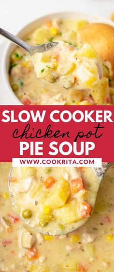 slow cooker chicken pot pie soup in a white bowl with a ladle full of the soup