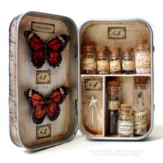 an open tin box filled with bottles and butterflies