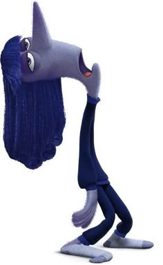 a cartoon character with long blue hair holding his head in one hand and looking at something on the other