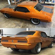 an orange muscle car is shown in two different pictures, one showing the front and side view