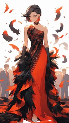 a woman in an orange dress with black feathers