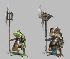 an image of two frogs in armor with swords and shields on their backs, one frog holding a spear