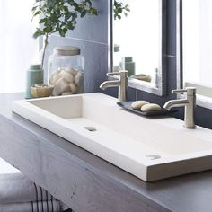 a bathroom sink sitting under a mirror next to a counter with a potted plant on it