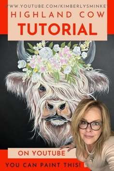 a woman with glasses and a flower crown on her head next to a painting of a cow