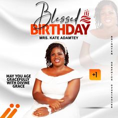 a woman in white dress standing with her arms crossed and the words, blessing birthday on it