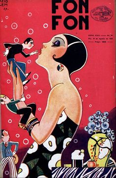 an old magazine cover with a woman in black and white dress blowing bubbles on her face