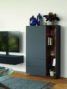 a living room with a television and bookcase in the corner next to a rug