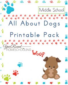 a dog with paw prints on it and the words, all about dogs printable pack