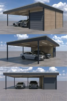 three different views of two cars parked in a carport with the same roof structure