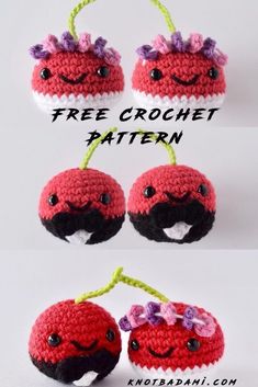 three crocheted cherries with flowers on them and the words free crochet pattern