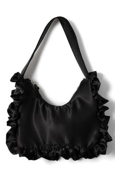 Our black satin 90s frill shoulder bag = partywear perfection. • Shoulder bag• Zip fastening• Frill detailing• Damson Madder logo• 94% Recycled Polyester 6% Elastane• Designed in London High-end Black Flap Bag With Dust Bag, Vintage Black Shoulder Bag With Dust Bag, Black Shoulder Bag With Dust Bag For On-the-go, Ruffle Tote Bag, Victorian Black Rectangular Bag, Damson Madder, Chocolate Babies, Reversible Tote Bag, Dream Bags