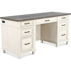 a white desk with drawers and a wooden top