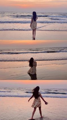 the girl is playing in the water at the beach and then jumping into the air