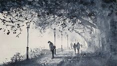 black and white painting of people walking in the park