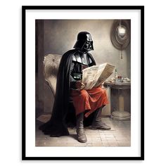 a darth vader reading a newspaper while sitting on a chair in a room