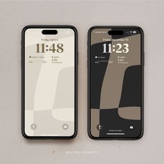 two iphones side by side, one showing the time and the other showing the date