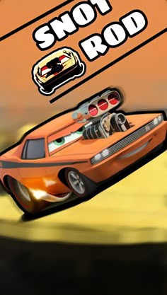 an orange car is flying through the air with another car in the background that says, snot rod