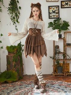 Pixie Inspired Outfits, Fairycore Crochet Top, Elf Core Outfit, Forest Nymph Aesthetic Outfit, Fairy Fashion Inspired Outfits, Shein Fairycore, Fairy Vibes Outfit, Fantasycore Outfits, Faerie Outfit