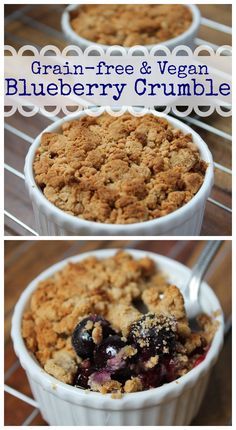 blueberry crumbles are served in white dishes