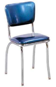 a blue chair with chrome frame and backrest is shown in front of a white background