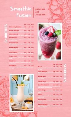 a menu for smoothie and juice bar with flowers on the side, including raspberries