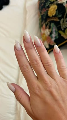 Milky white nails 🤍🕊️ Off White Acrylic Nails With Design, Minimalist Nails Milky White, Cute Milky Nails, Off White Oval Nails, Smoky White Nails, Fiancee Nails, Cotton White Nails, Milky Wedding Nails, Basic Full Set Nails