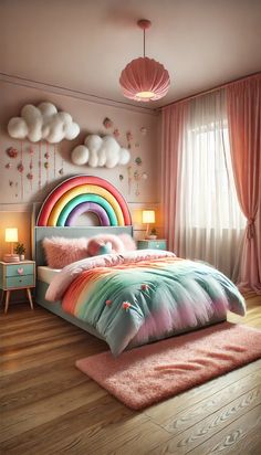 a bedroom with a bed, pink rugs and rainbow decorations on the headboard