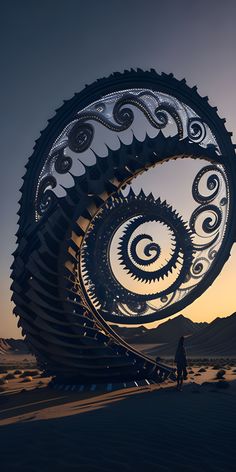 an artistic sculpture in the desert with a person walking by it at sunset or dawn