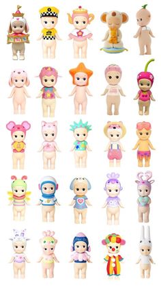 many different toy dolls are shown in the same style and color as they appear to be wearing