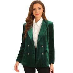 Elevate your wardrobe with this Allegra K velvet blazer that combines luxury and style effortlessly. Crafted from velvet for a sophisticated touch. The notched lapel and double-breasted design enhance the overall refinement of the blazer. Perfect with tailored pants or a satin dress for a polished look. Pair with tailored pants or a silk dress for a sophisticated look. Green Velvet Pants, Dark Green Jacket, Green Jacket Women, Long Outerwear, Work Blazer, Ladies Blazer, Women's Suits, Velvet Blazer, Velvet Pants