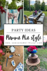 party ideas for the mamma mia style with flowers, plates and vases on tables