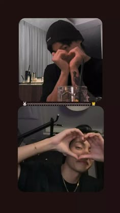 two pictures one is making a heart and the other has her hands in front of her face