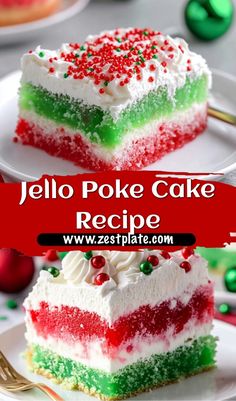 two pieces of jello poke cake on white plates with red and green sprinkles