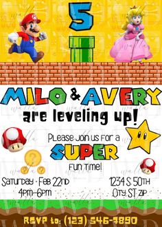 mario and luigi are leveling up birthday party invitation with super mario on the wall