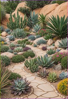 a garden filled with lots of different types of succulents and plants next to rocks